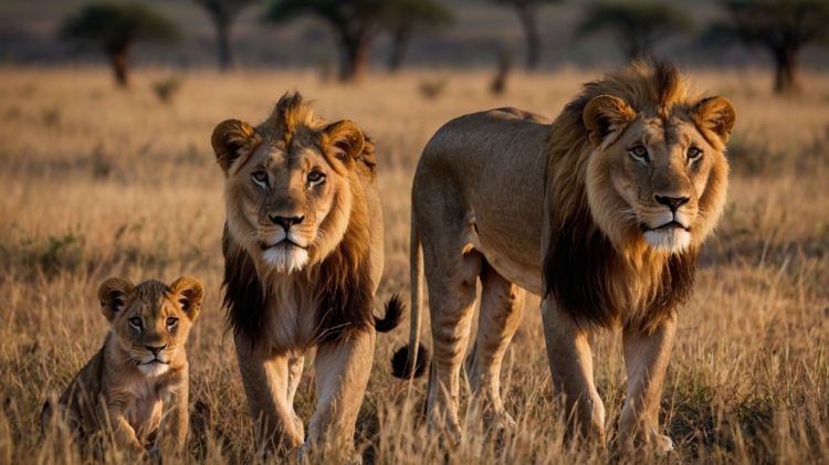 Photograph of two adult male lions and one lion cub walking through the savannah, with a beautiful landscape in the background, in the style of National Geographic photography.