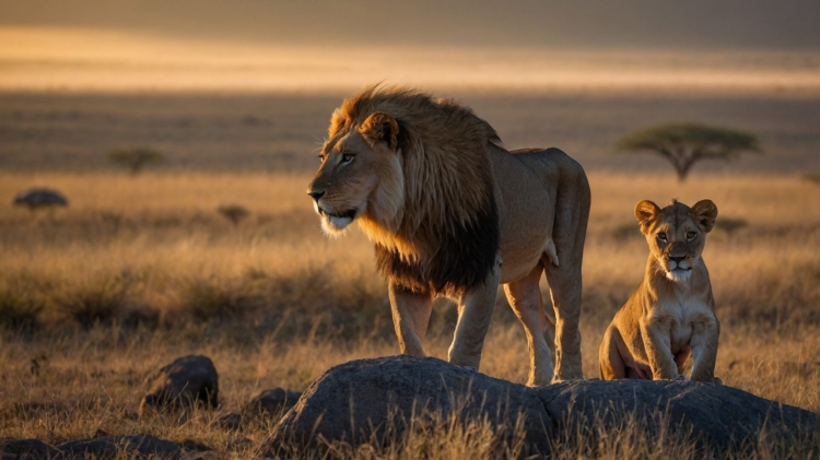 Male lion and cub standing on savannah at sunrise, with golden light and open plains.