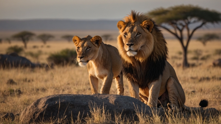 Male and female lion standing near a boulder on the Serengeti savannah during golden hour.