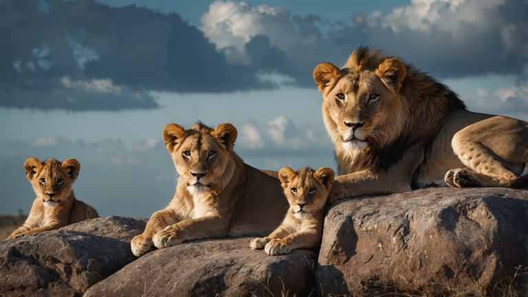Lion family resting on rocks at dusk in Serengeti National Park under a cloudy sky.