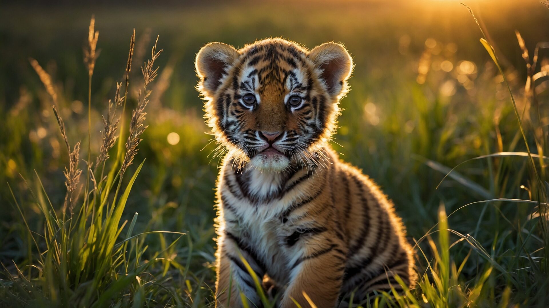 Tiger cub sitting in tall grass at sunset, glowing in warm light.