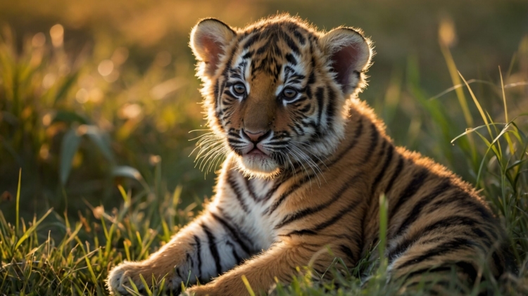 Full-body baby tiger cub in tall grass at sunset, glowing in golden light.