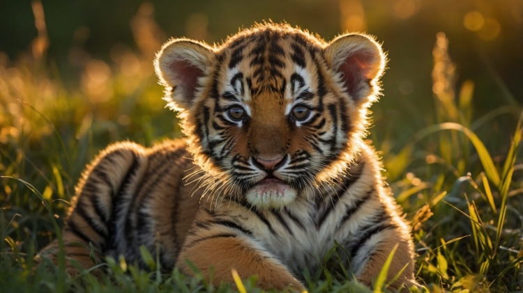 Baby tiger cub sitting in grass at sunset, glowing in golden hour light.