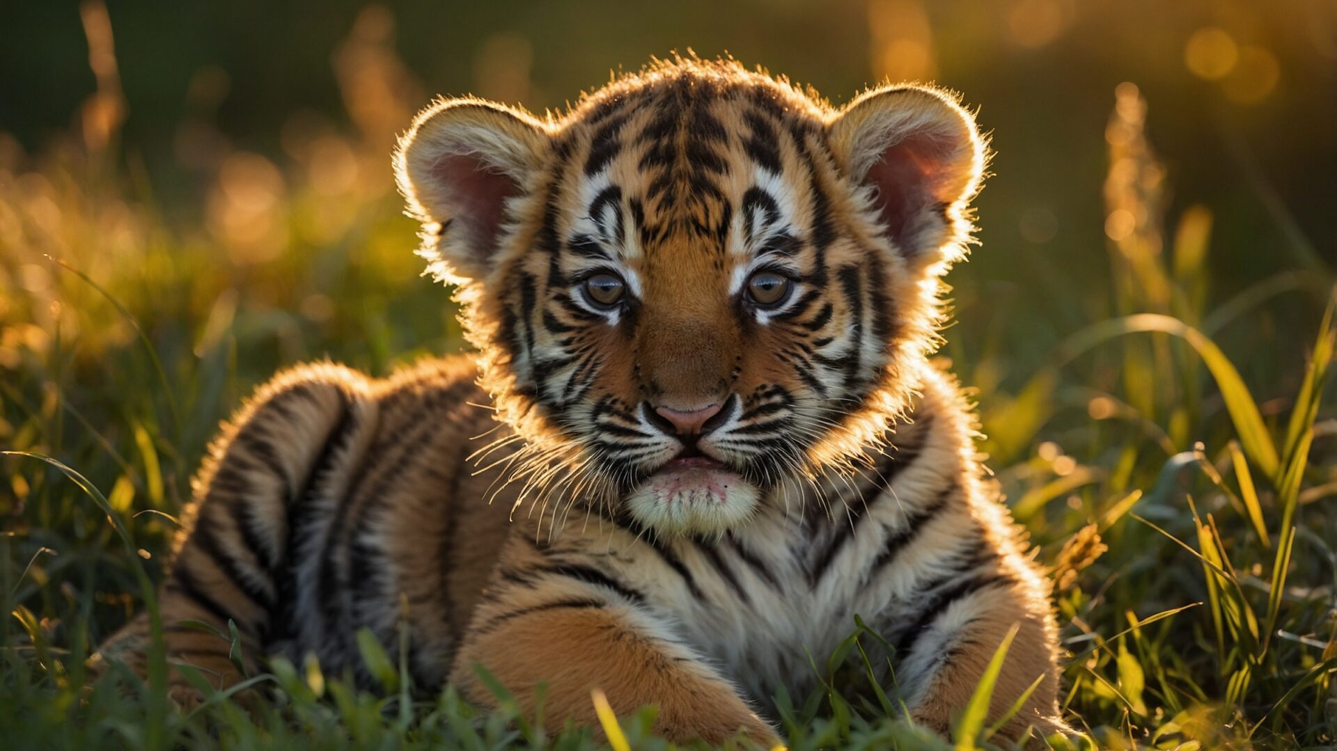 Baby tiger cub sitting in grass at sunset, glowing in golden hour light.