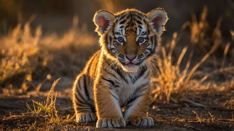 A baby tiger cub sitting on the ground, bathed in golden hour lighting, photo-realistic in the style of National Geographic photography.