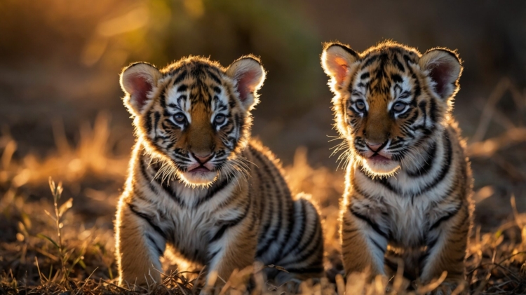 Two tiger cubs in a sunlit field during golden hour, facing the camera with curious expressions.