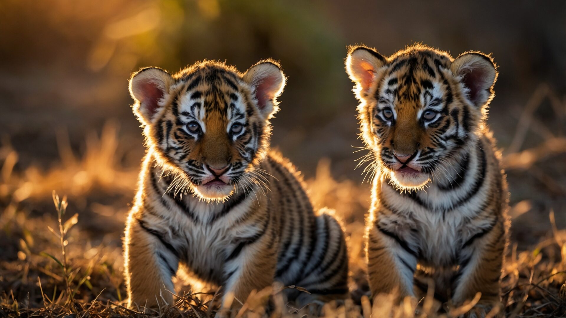 Two tiger cubs in a sunlit field during golden hour, facing the camera with curious expressions.