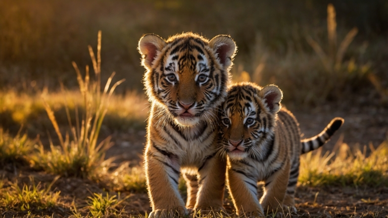 Golden and black tiger cubs walking together at sunset in a glowing grassland.