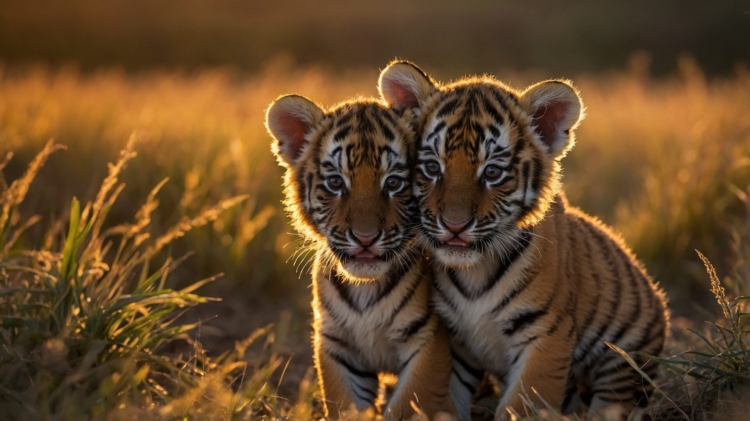 Close-up portrait of two baby tigers, captured during the golden hour in a grassland setting. Reminiscent of National Geographic photography.