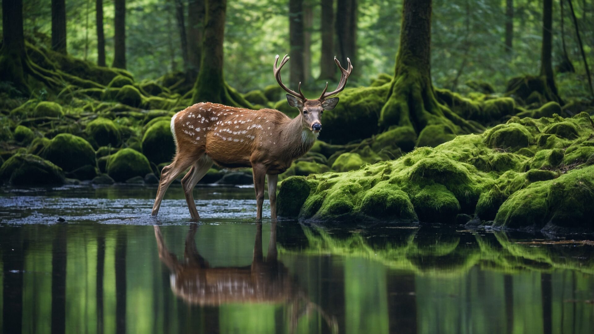 Deer standing in a forest river with reflection and mossy rocks.