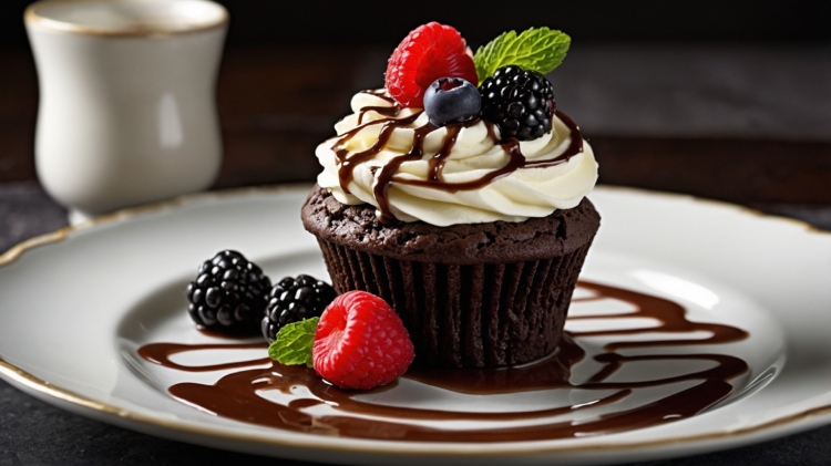Chocolate cupcake with white frosting and berries, beside a coffee mug.
