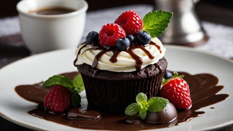 Chocolate cupcake with berries and frosting next to a coffee mug.
