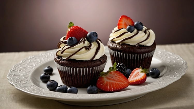 Chocolate cupcake with white frosting, fresh berries, and mint garnish next to a coffee mug on a porcelain plate.