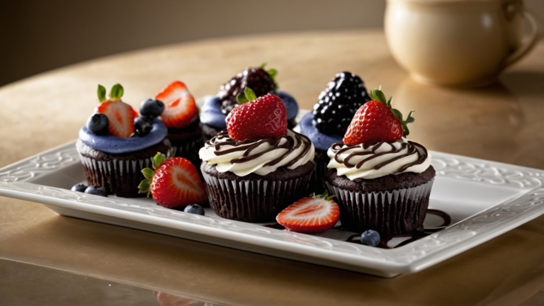 Chocolate cupcakes with white frosting, topped with strawberries and blueberries, served with coffee on a square platter.