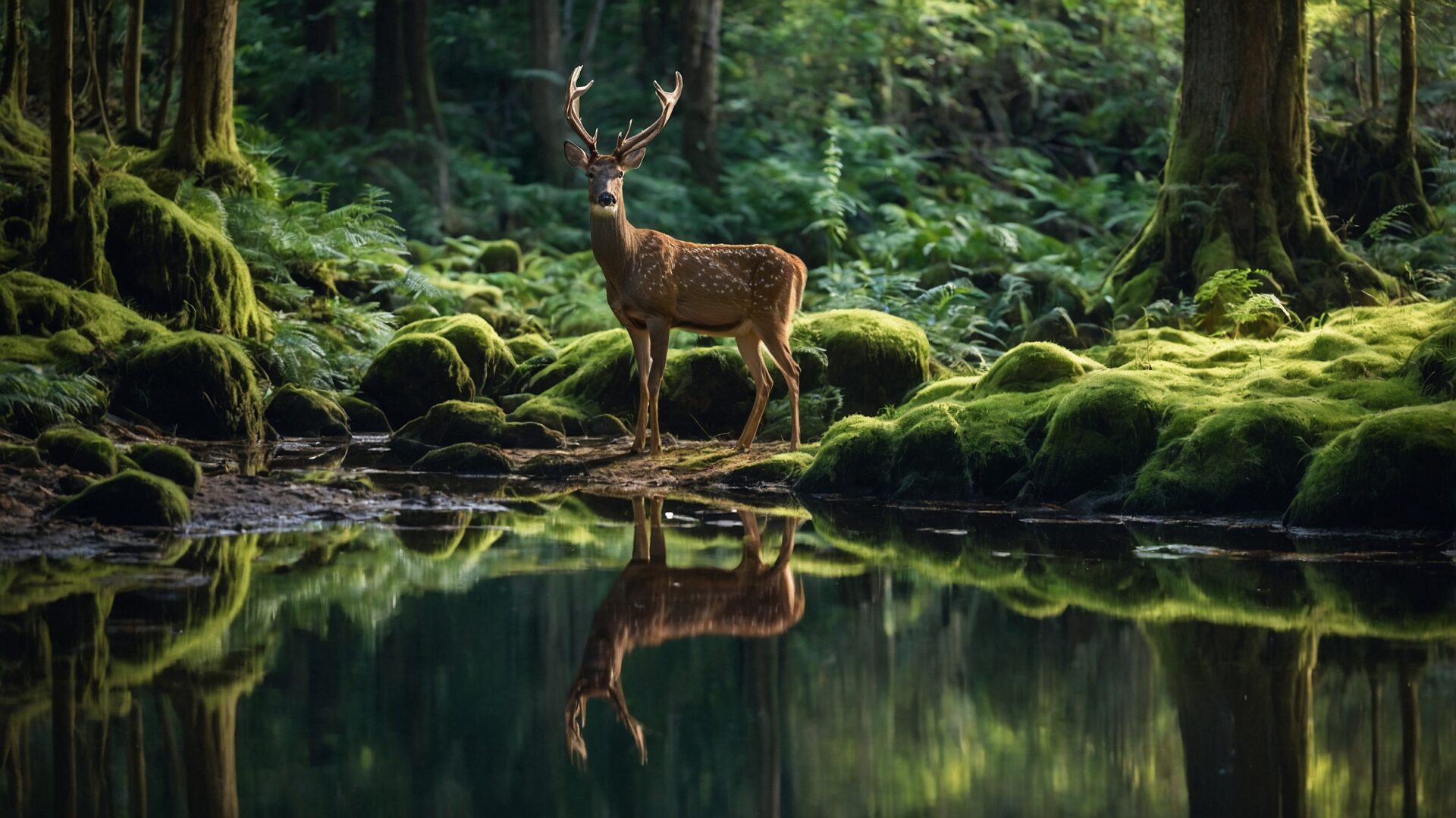 Deer reflected in a clear forest lake, surrounded by moss and towering trees.