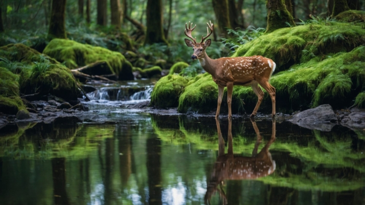 Majestic deer with antlers standing in forest stream, surrounded by mossy rocks and tall trees.