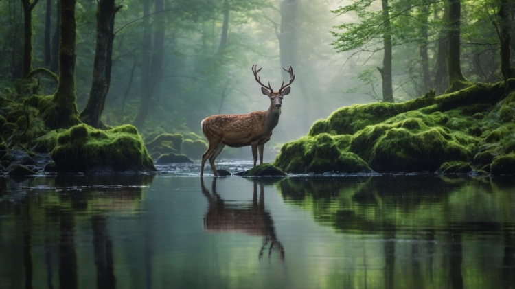 Deer standing in misty forest by a reflective lake surrounded by mossy rocks and tall trees.