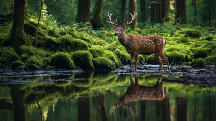 Deer in mossy forest near reflective water, with greenery and soft sunlight.