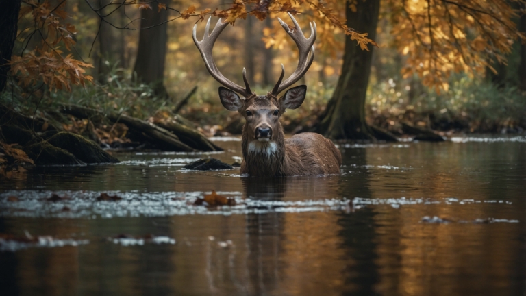 Majestic deer with antlers standing in autumn river, looking into the camera.