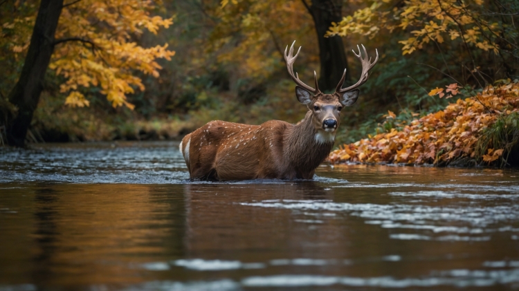 Deer standing in a river surrounded by autumn trees and colorful leaves.