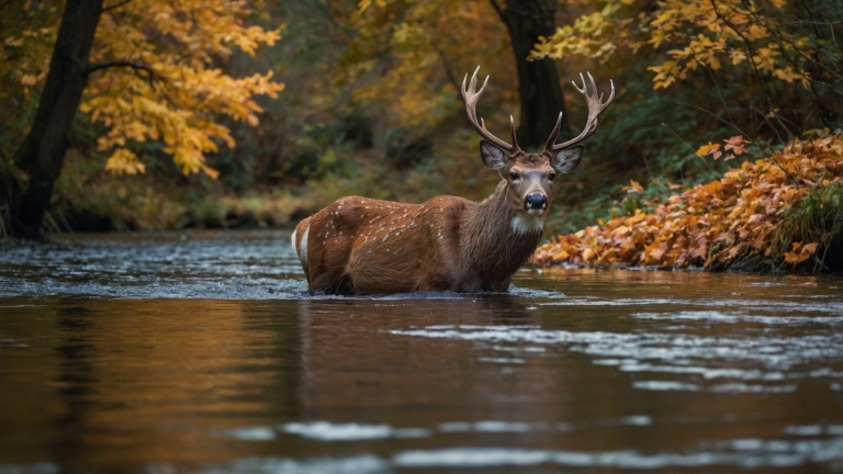 Deer standing in a river surrounded by autumn trees and colorful leaves.