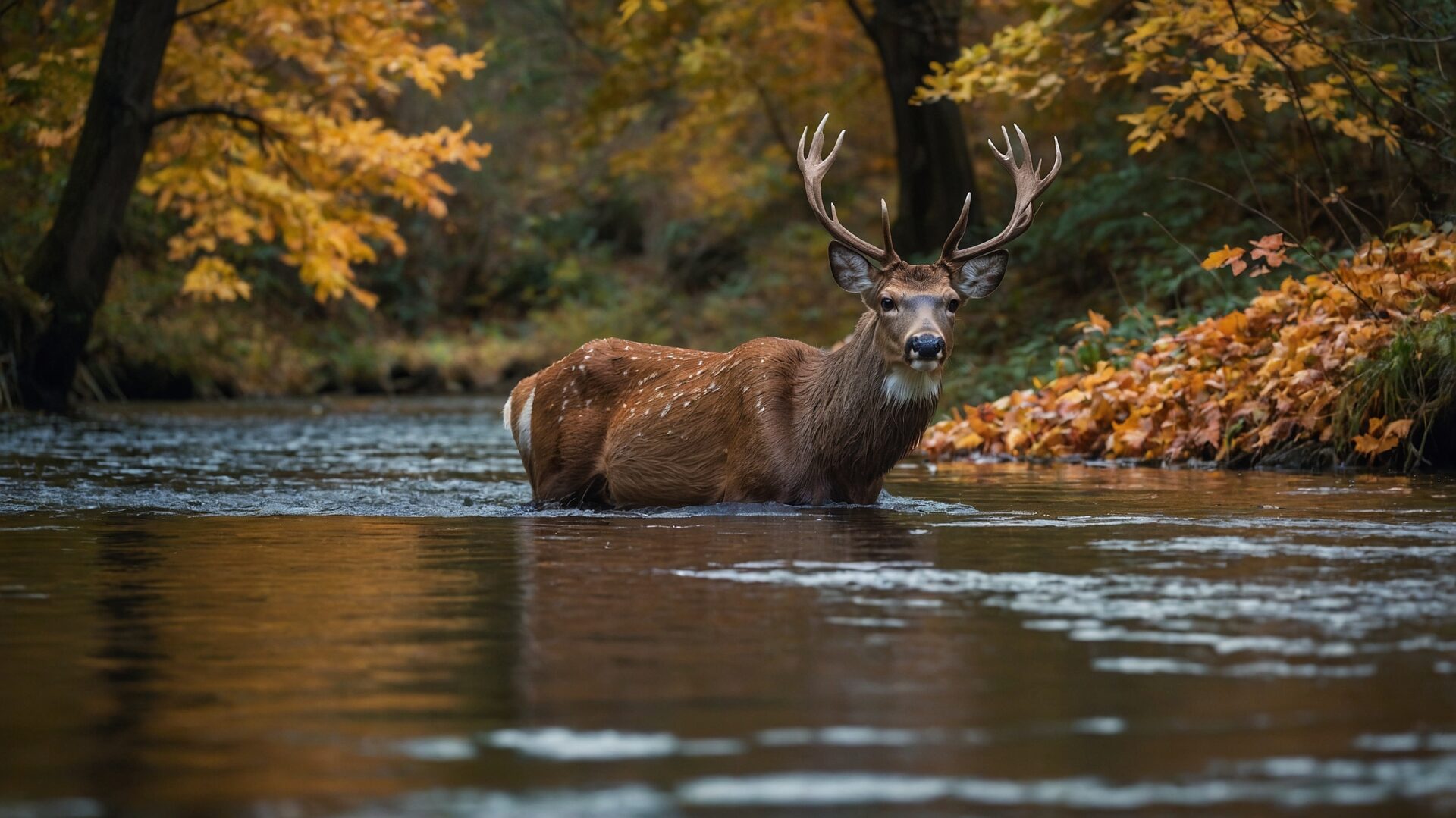 Deer standing in a river surrounded by autumn trees and colorful leaves.