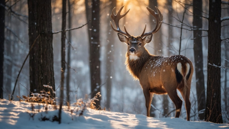 Majestic deer with antlers standing in a snowy forest lit by golden sunlight.