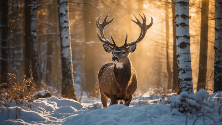 Deer with large antlers in snowy birch forest lit by golden sunlight.