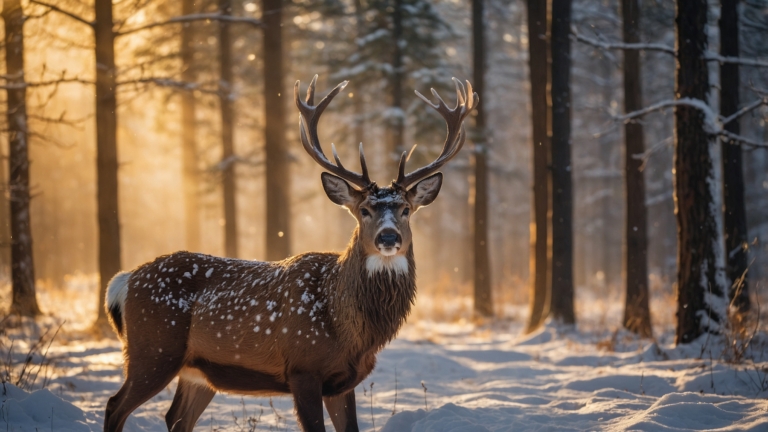 Majestic deer with antlers standing in a snowy forest lit by sunlight.