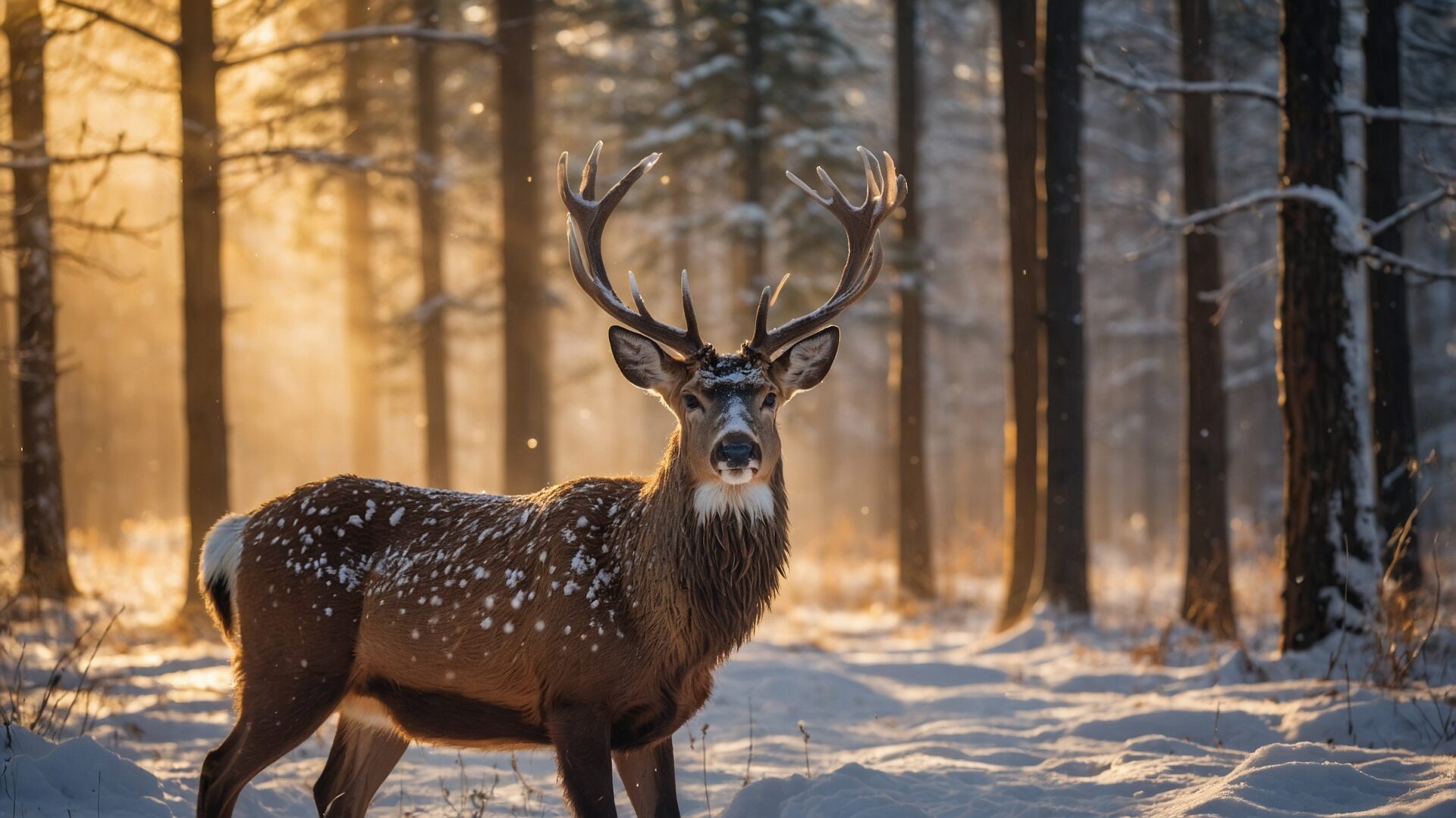 Majestic deer with antlers standing in a snowy forest lit by sunlight.
