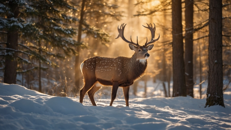 Majestic deer in snowy forest illuminated by golden sunlight.