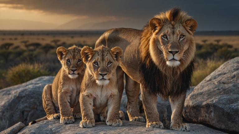 Lion with two cubs on rocks in the savannah at sunset.