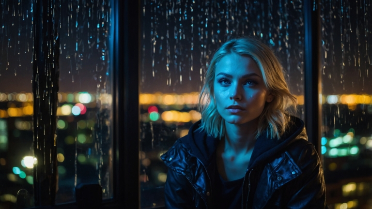 Blonde woman in black leather jacket with city lights and neon rain at night.
