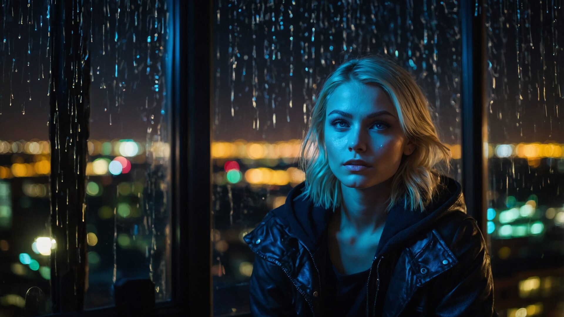 Blonde woman in black leather jacket with city lights and neon rain at night.