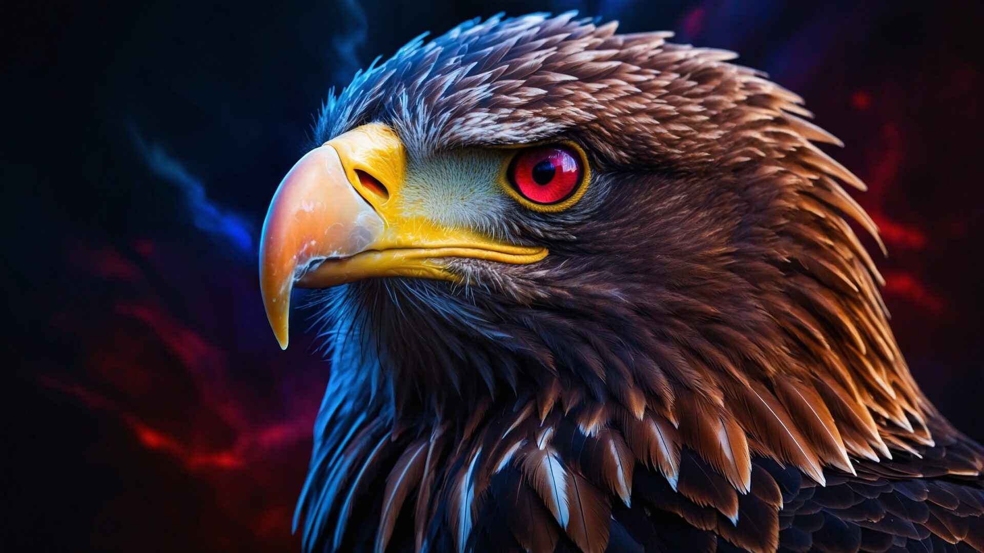Close-up digital art of a red-eyed eagle with sharp features and vibrant background of blue smoke and crimson light.