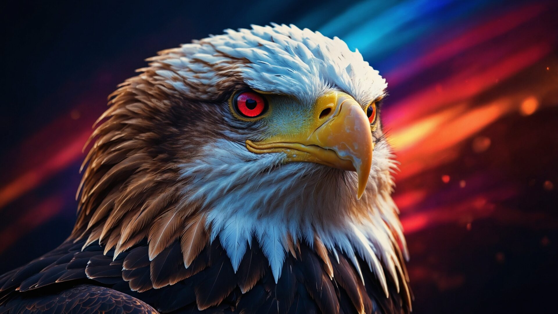 Bald eagle with red eyes against abstract, colorful tech-themed background, symbolizing power and focus in digital realms.