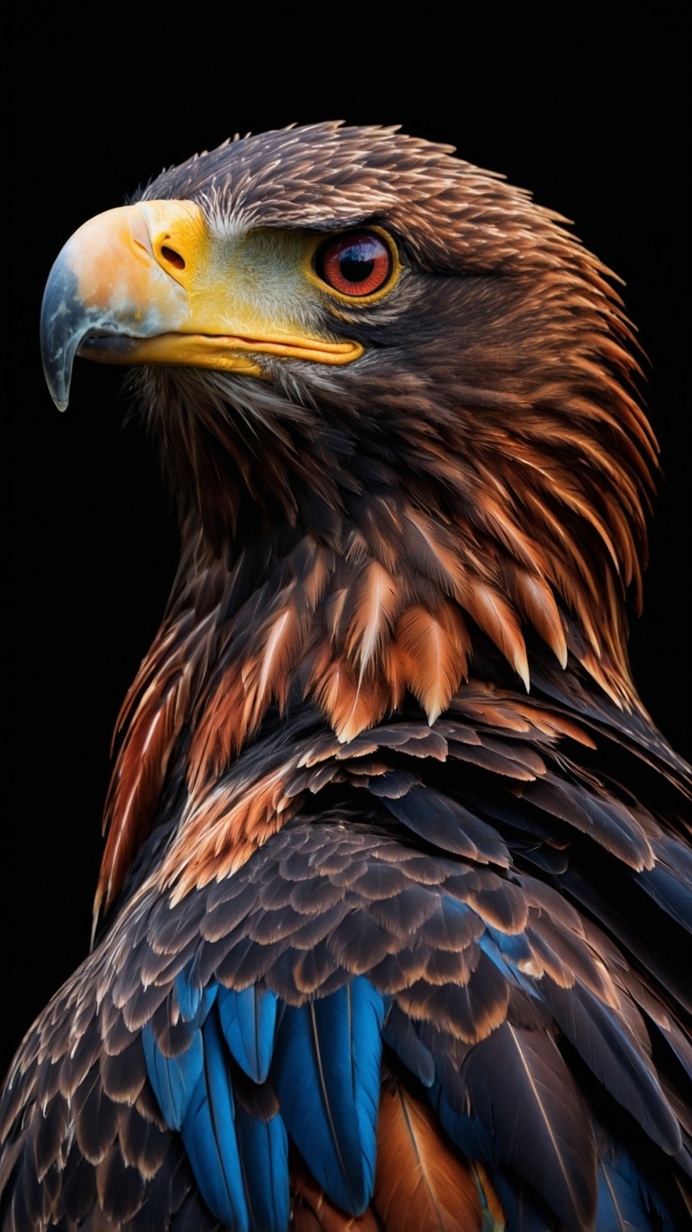 Realistic eagle photo with blue and brown feathers, looking right against a black background with vivid detail and lighting.