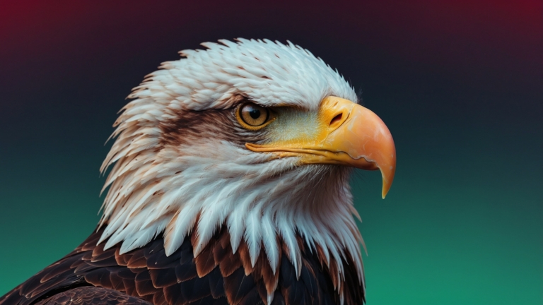 Close-up eagle portrait with head tilted, detailed feathers, sharp textures, and a colorful gradient background in vivid lighting.