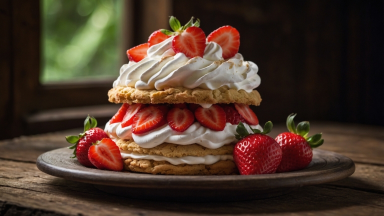 Strawberry shortcake with whipped cream and fresh strawberries on sponge cake, placed on wooden table with soft-focus background.