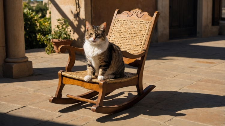 Calico cat on wooden rocking chair in sunny Spanish villa courtyard, surrounded by warm textures and peaceful atmosphere.