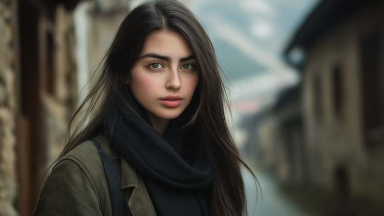 Girl with shiny dark hair, green eyes, and black scarf posing in old town street with light makeup and soft expression.