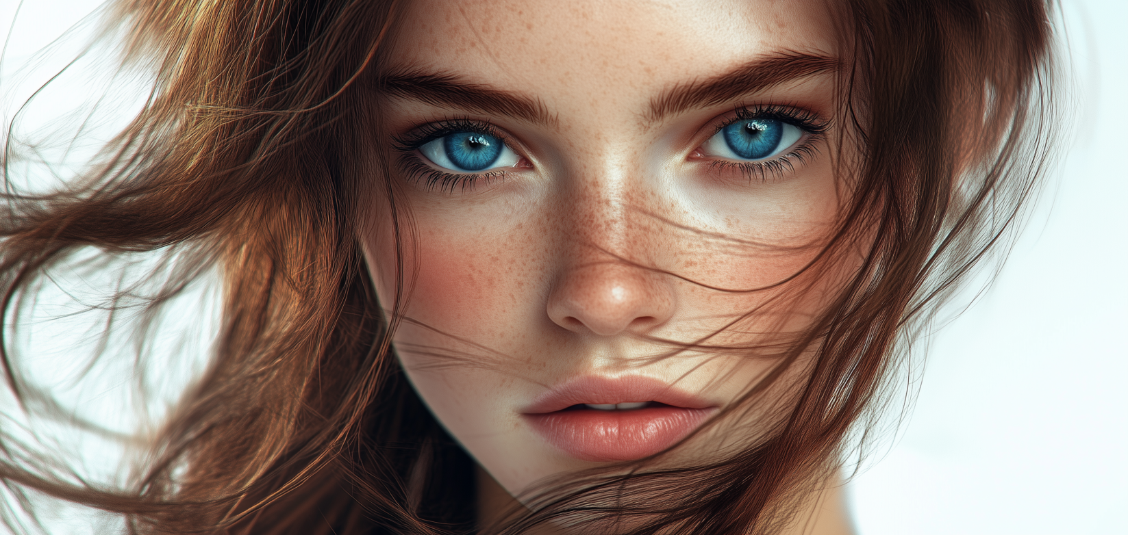 Close-up portrait of young woman with blue eyes and long brown hair against clean white background.