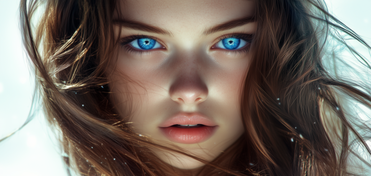 Photorealistic close-up of girl with blue eyes and brown hair, soft bokeh, white background, and dust particles.