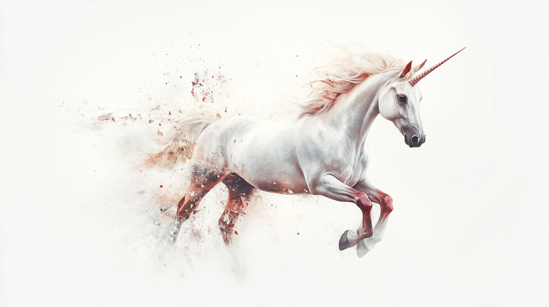White unicorn jumping in hyper-detailed digital art with red watercolor splashes on white background, cinematic and fantasy-themed.