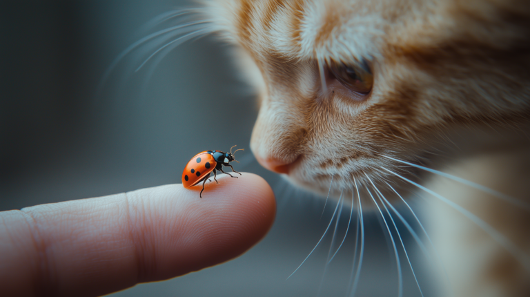 Orange and white cat looking at ladybug on fingertip in soft natural light.