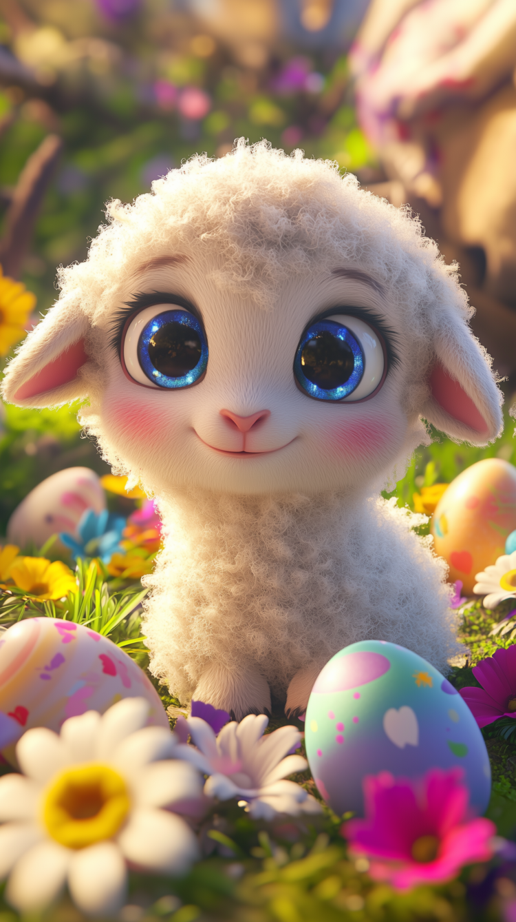 Pixar-style baby lamb with blue eyes sitting in grass among Easter eggs and spring flowers.