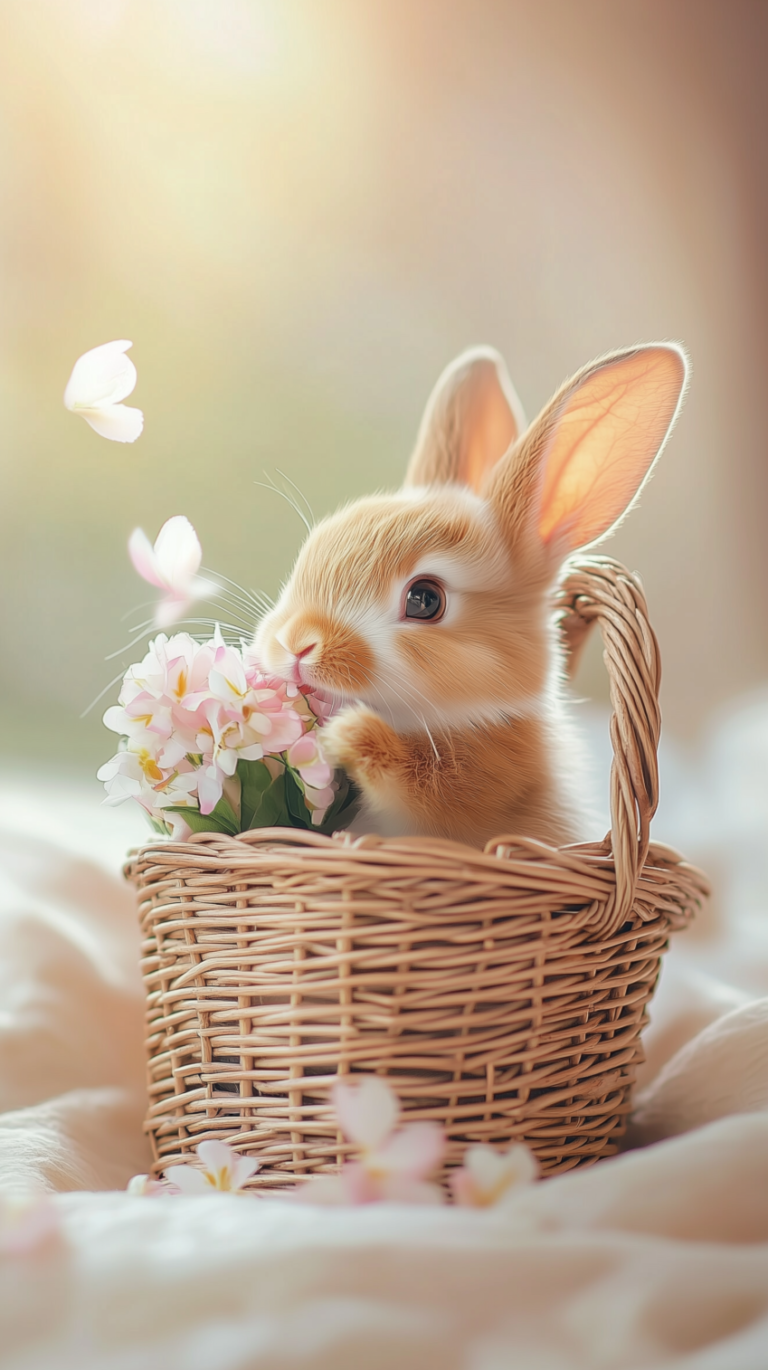 free ai cute baby rabbit in wicker basket with spring flowers wildlife image