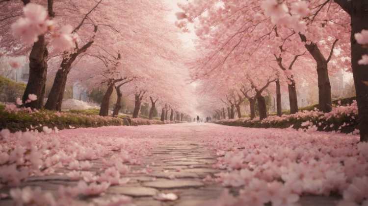 free ai cherry blossom path covered in pink petals spring landscape image