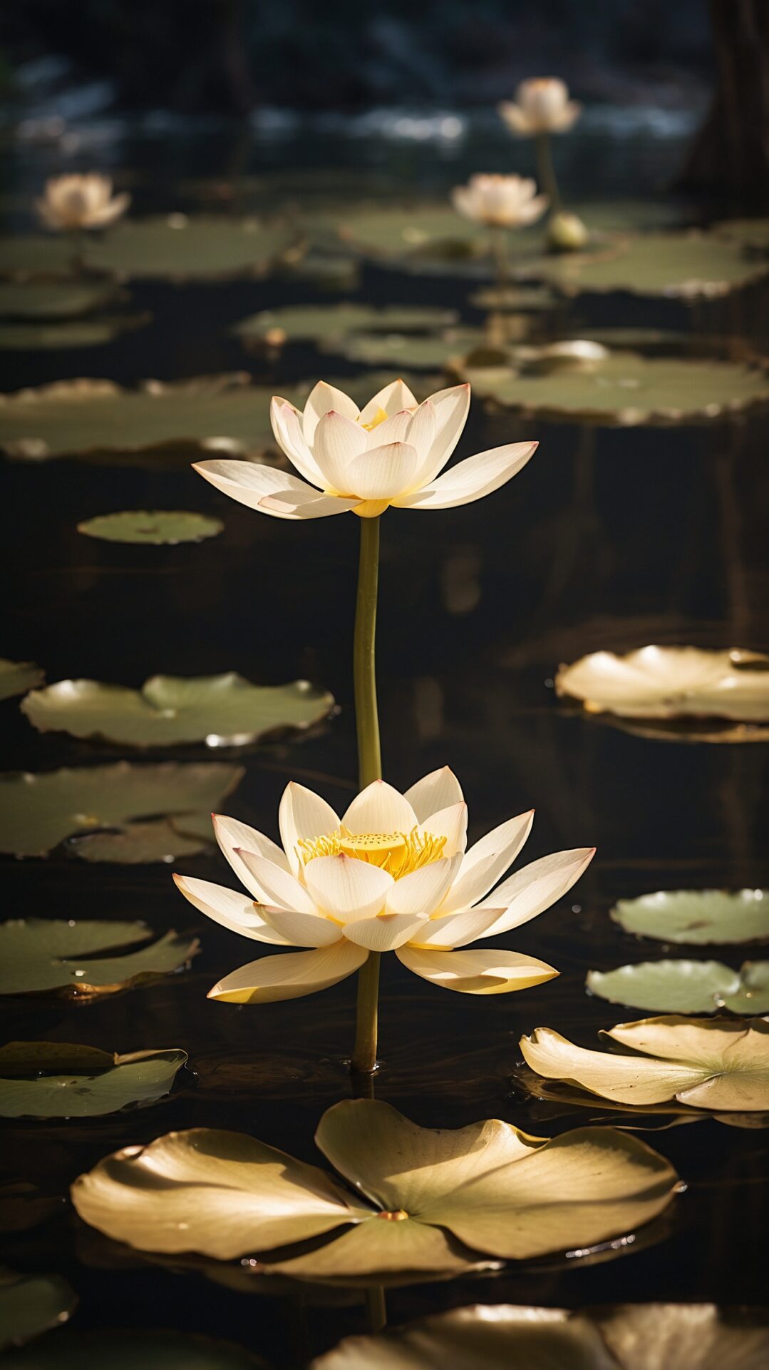 free ai white lotus flowers blooming on calm pond nature image