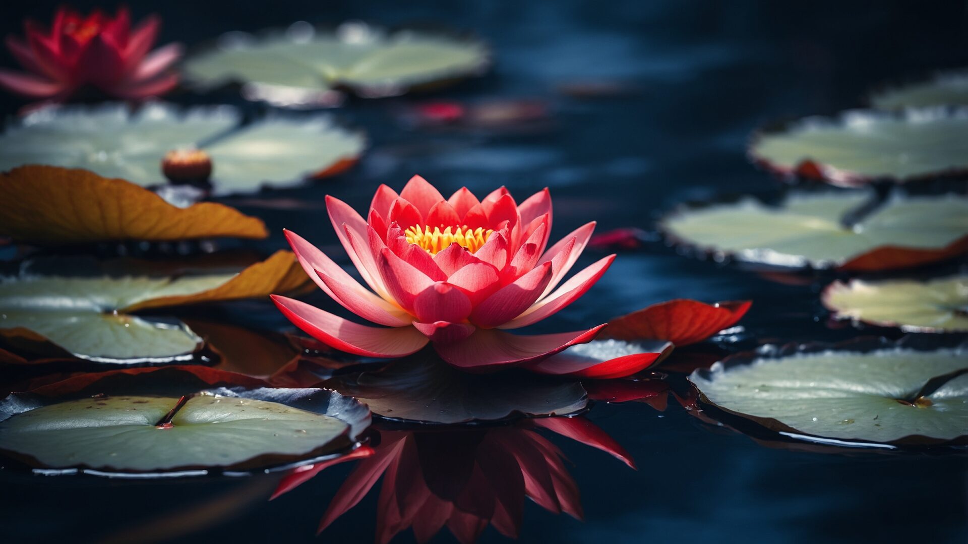 free ai red lotus flower blooming on dark water nature image